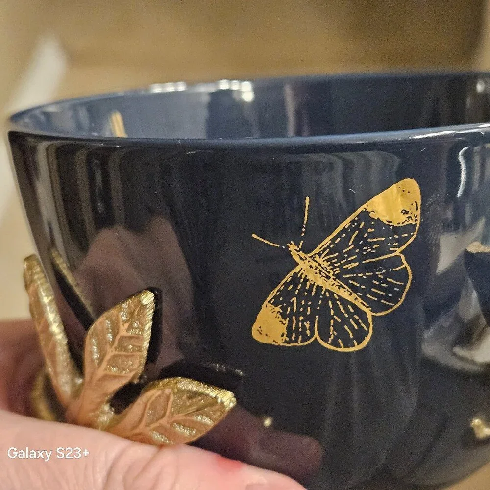 RARE NIB LENOX BUTTERFLY FLOWER SPRIG & VINE NAVY BLUE GOLD FIGURAL BOWL & STAND
